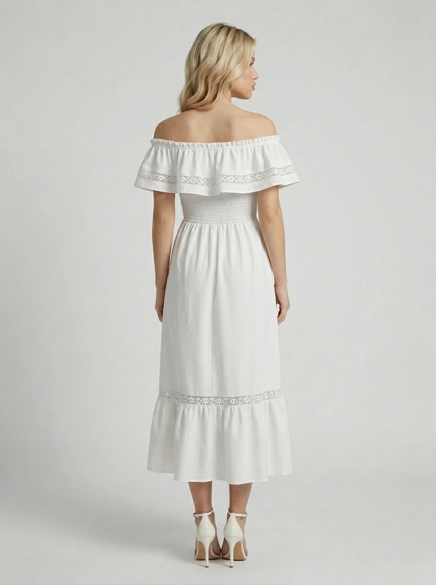 Off Shoulder Lace Cotton Maxi Dress - White Secondary image