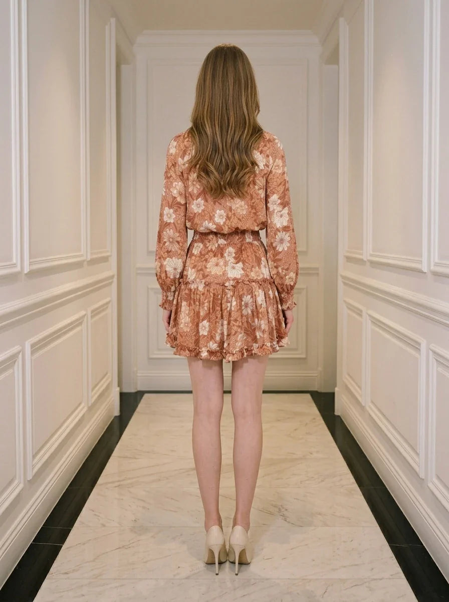 Rust Floral V-Neck Ruffle Long Sleeve Mini Dress