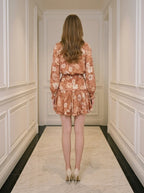 Rust Floral V-Neck Ruffle Long Sleeve Mini Dress