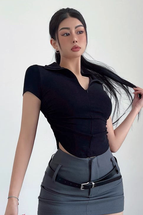 Half Zip Lapel Short Sleeved T-Shirt Elastic Tight Pleated Waist Top Secondary image