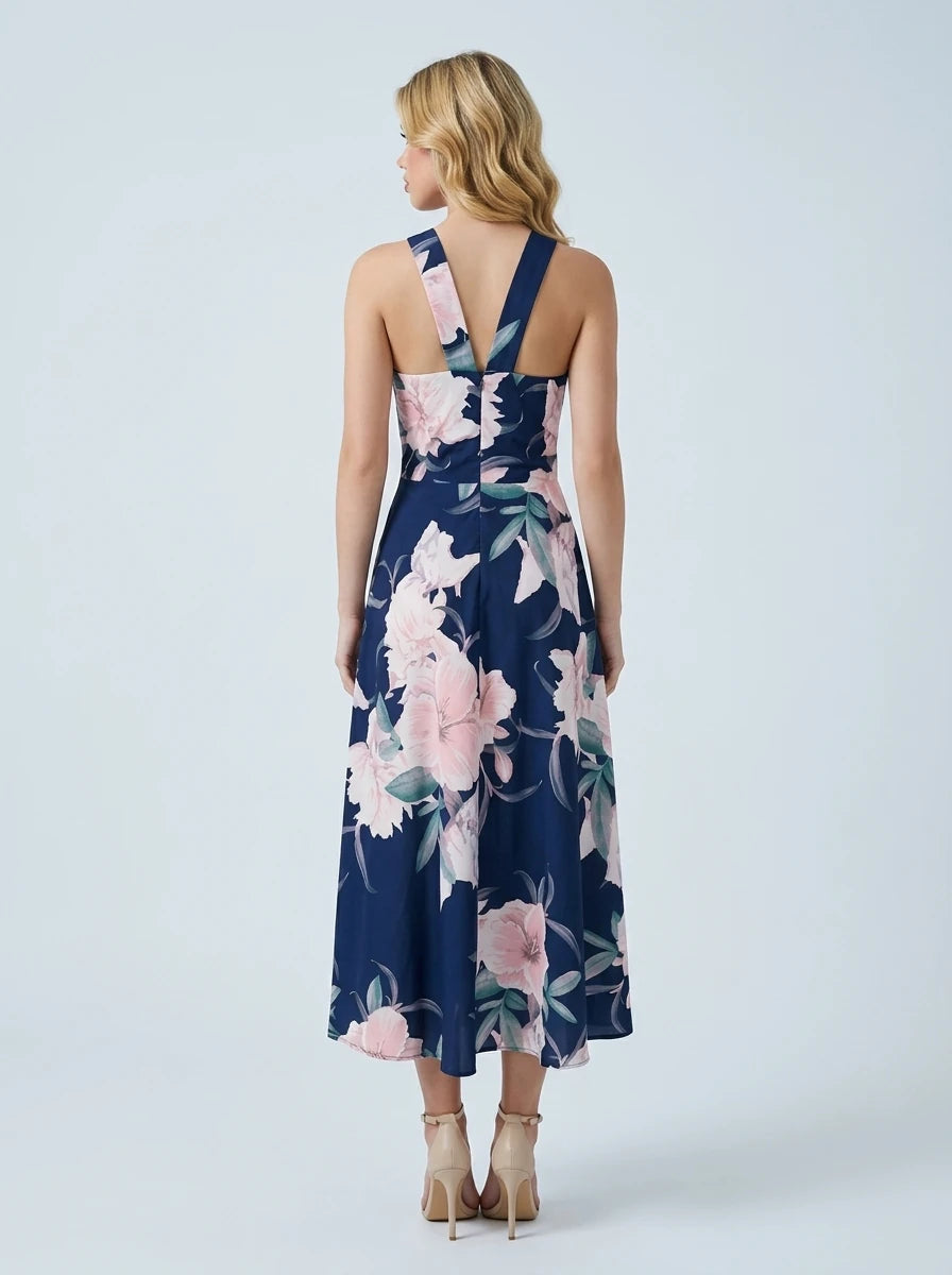 Floral Halterneck Split Maxi Dress - Navy Secondary image
