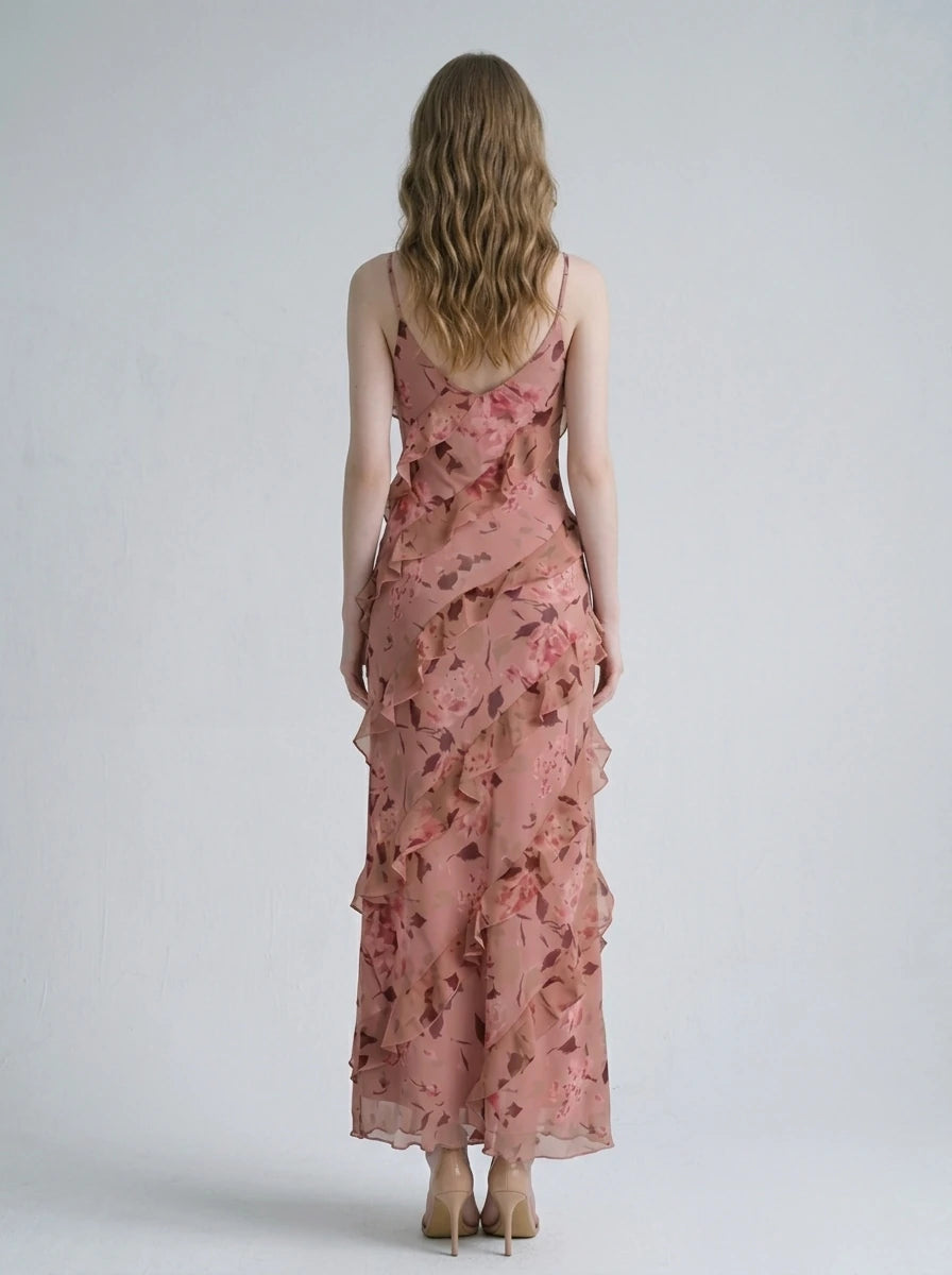 Floral V-Neck Ruffle Maxi Dress - Terracotta Pink Secondary image