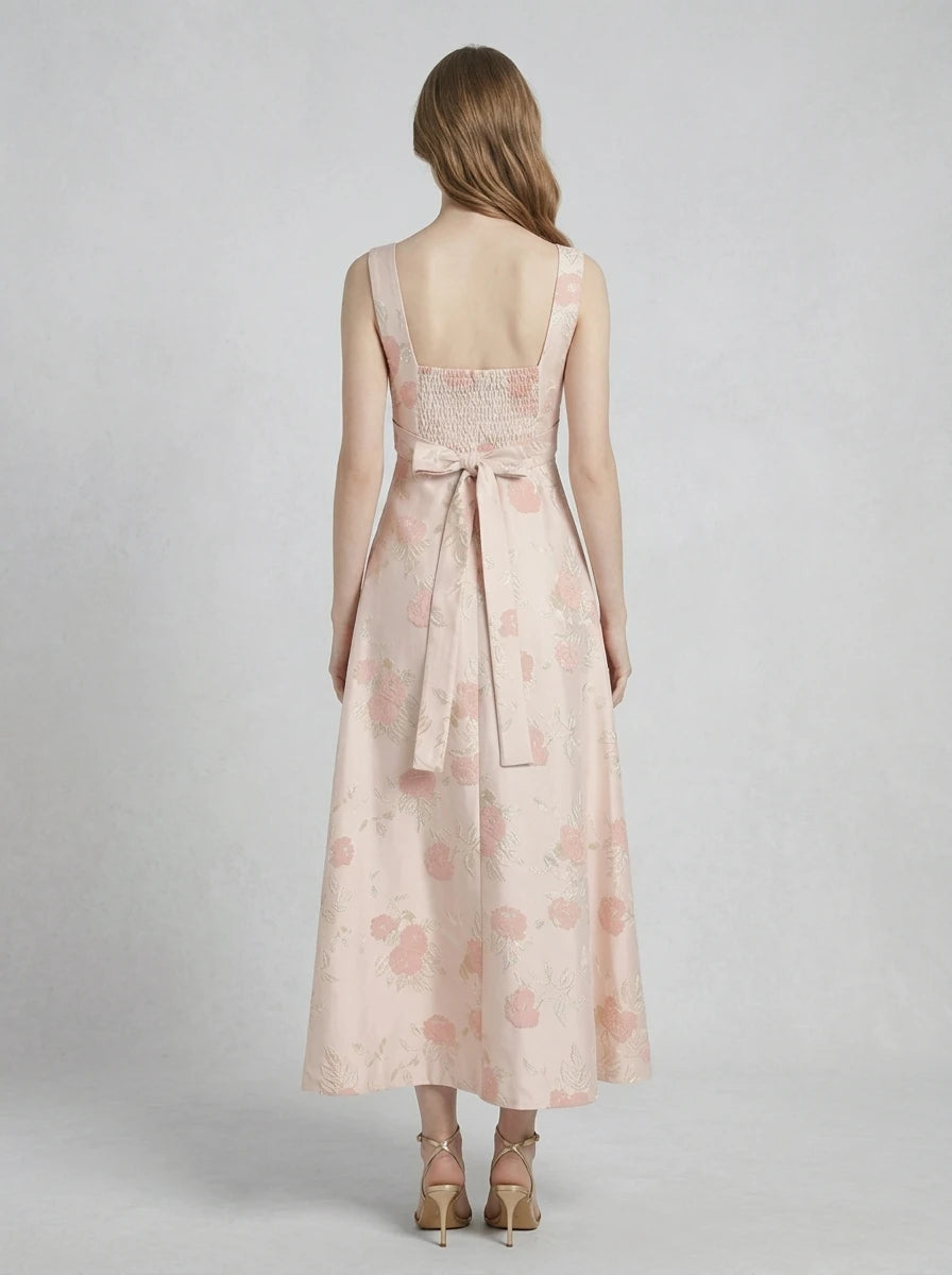 Pink Jacquard Floral Square Neck Midi Dress Secondary image