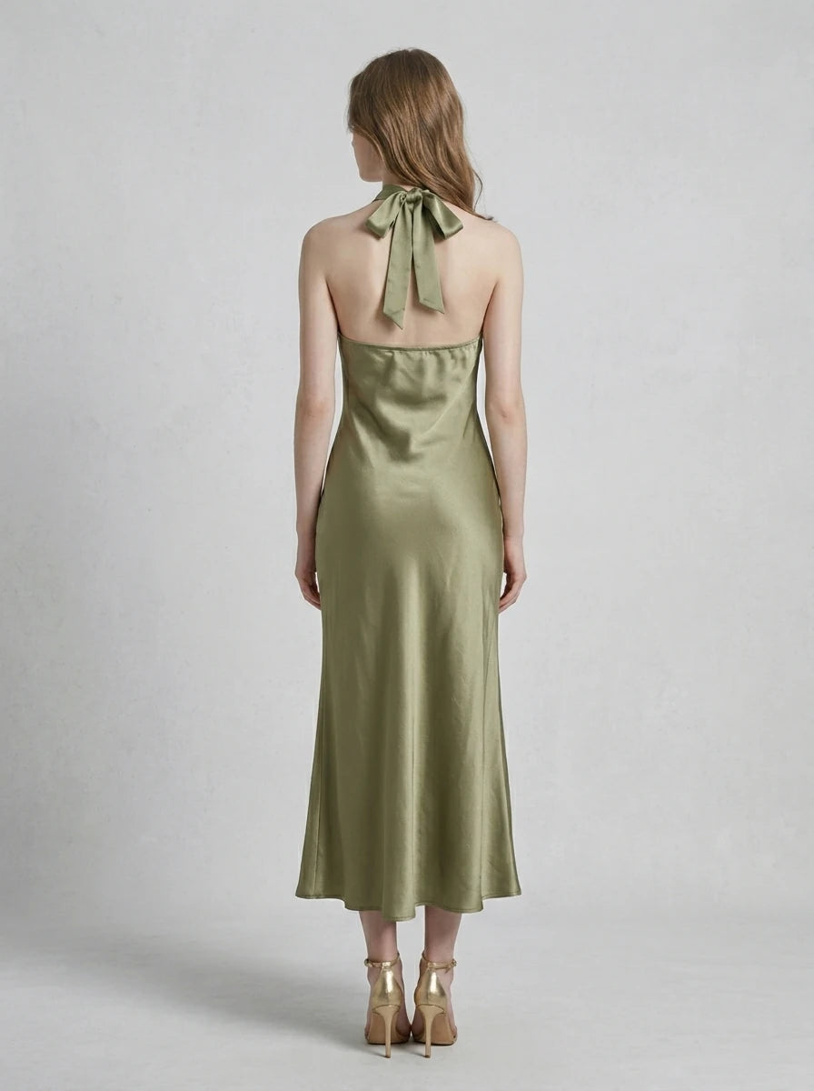 Satin Halter Cross Neck Maxi Dress - Sage Green Secondary image