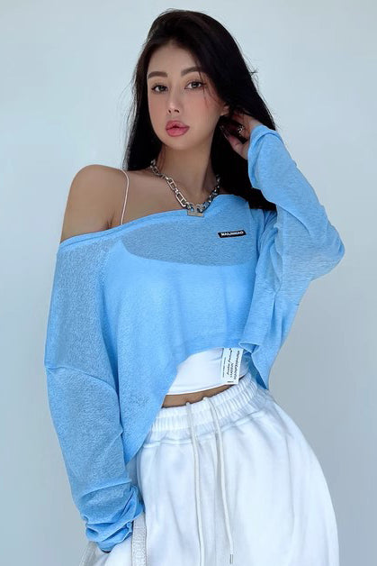 Large Round Neck Perspective Loose Casual Long Sleeved Short Top Secondary image