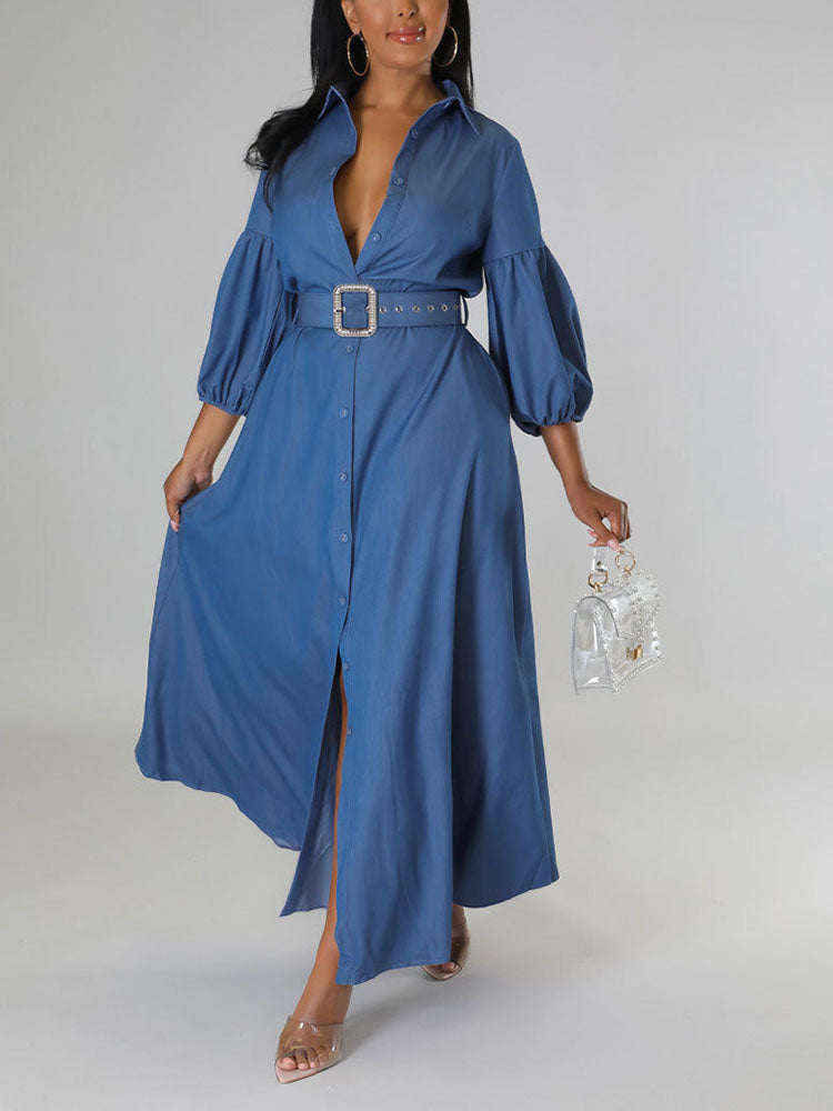 Lantern Sleeve Belted Shirt Dress Main image