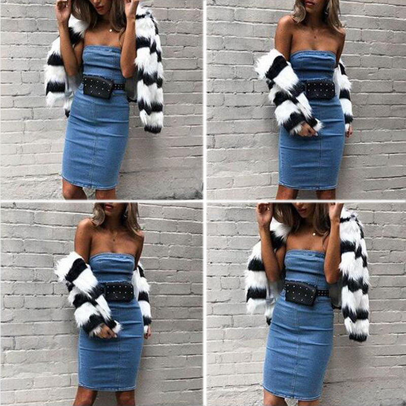 Strapless Denim Dress Women Elegant Dress Sexy Party Jeans Dress Bodycon Dresses Casual Club Wear Vestido Jeans