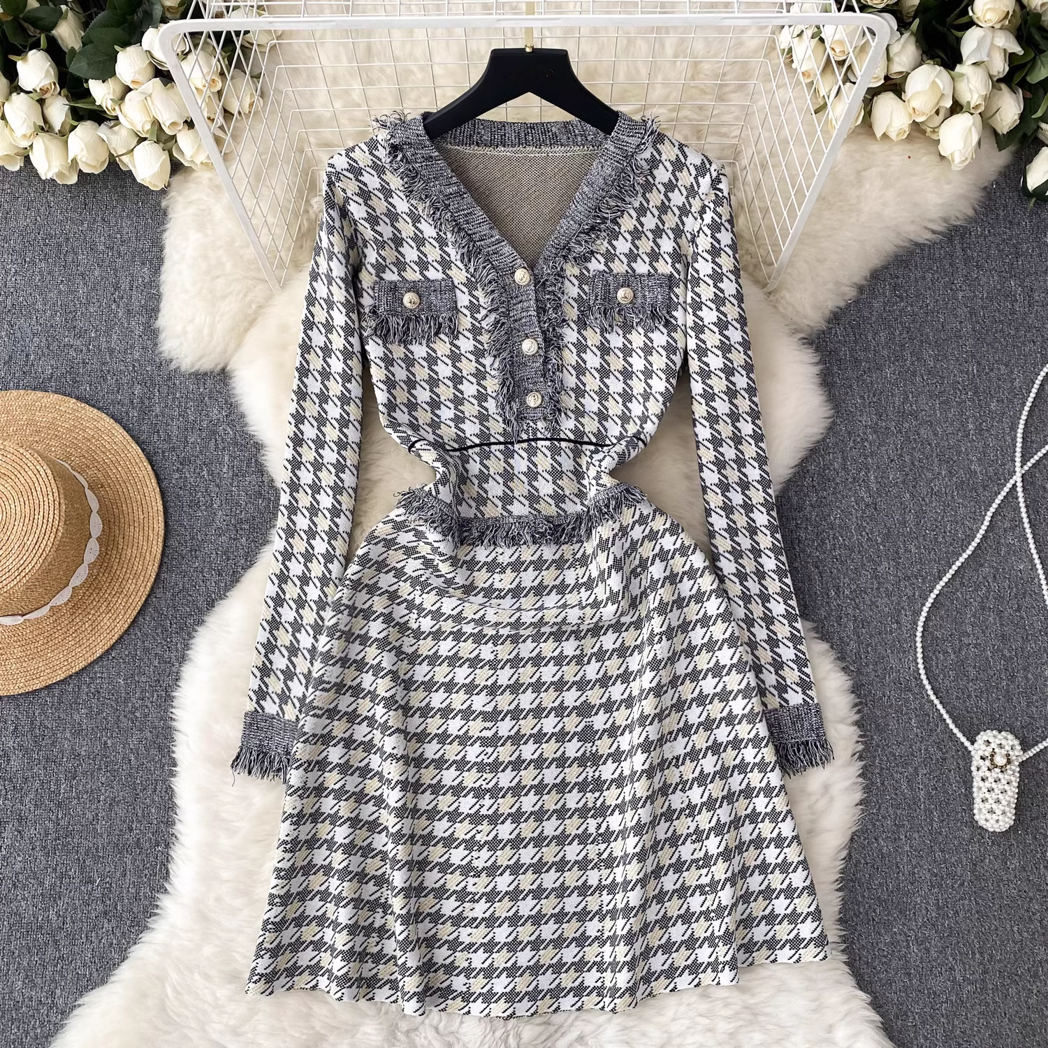 Women's high-end plaid knitted dress in autumn and winter Main image