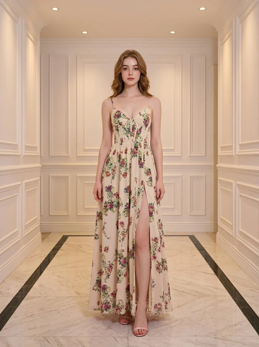 Beige Floral Lace-Up Corset Maxi Dress with Slit Main image