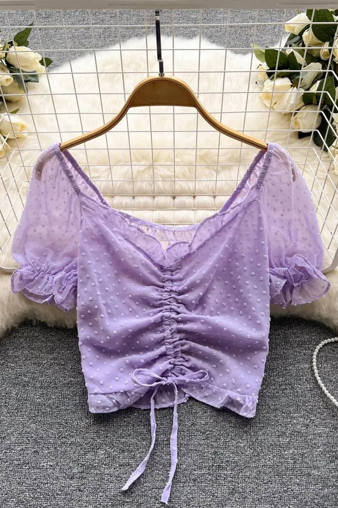 See Through Breathable Tops Drawstring Ruched Short Blouses Secondary image