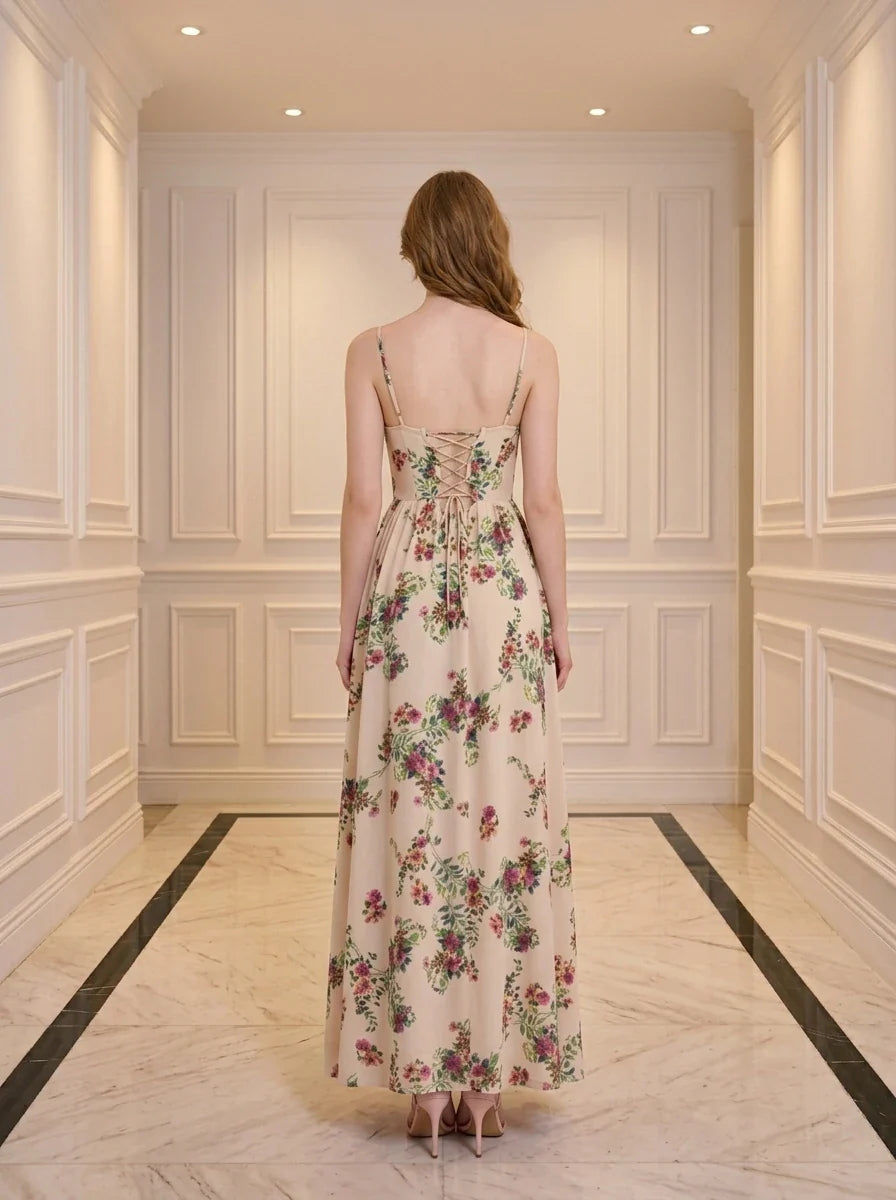 Beige Floral Lace-Up Corset Maxi Dress with Slit Secondary image