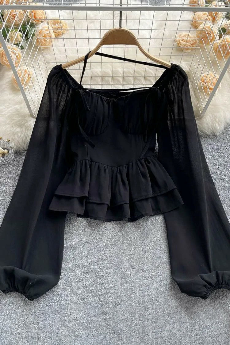 Romantic Ruffles Hem Blouses Long Sleeve Chiffon Tops Secondary image