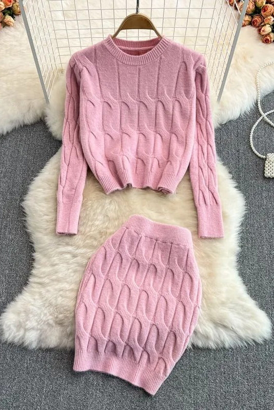 Set Long Sleeve Knitted Tops + Slim Mini Skirts Two Piece Suits Main image