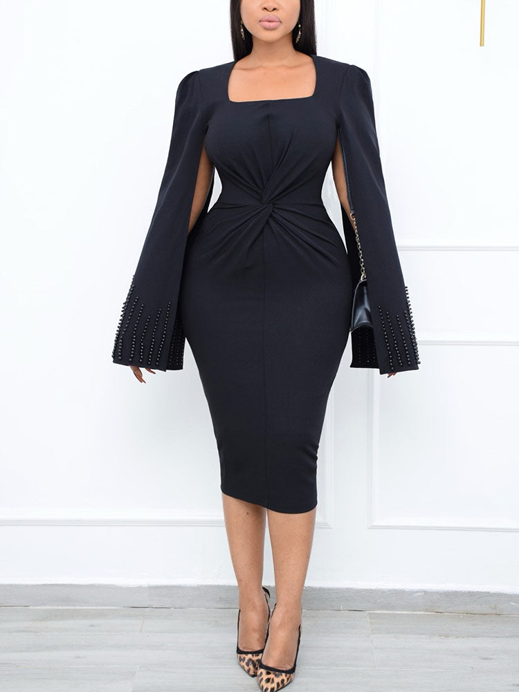 Beaded Sleeve Twist Front Midi Dress Main image