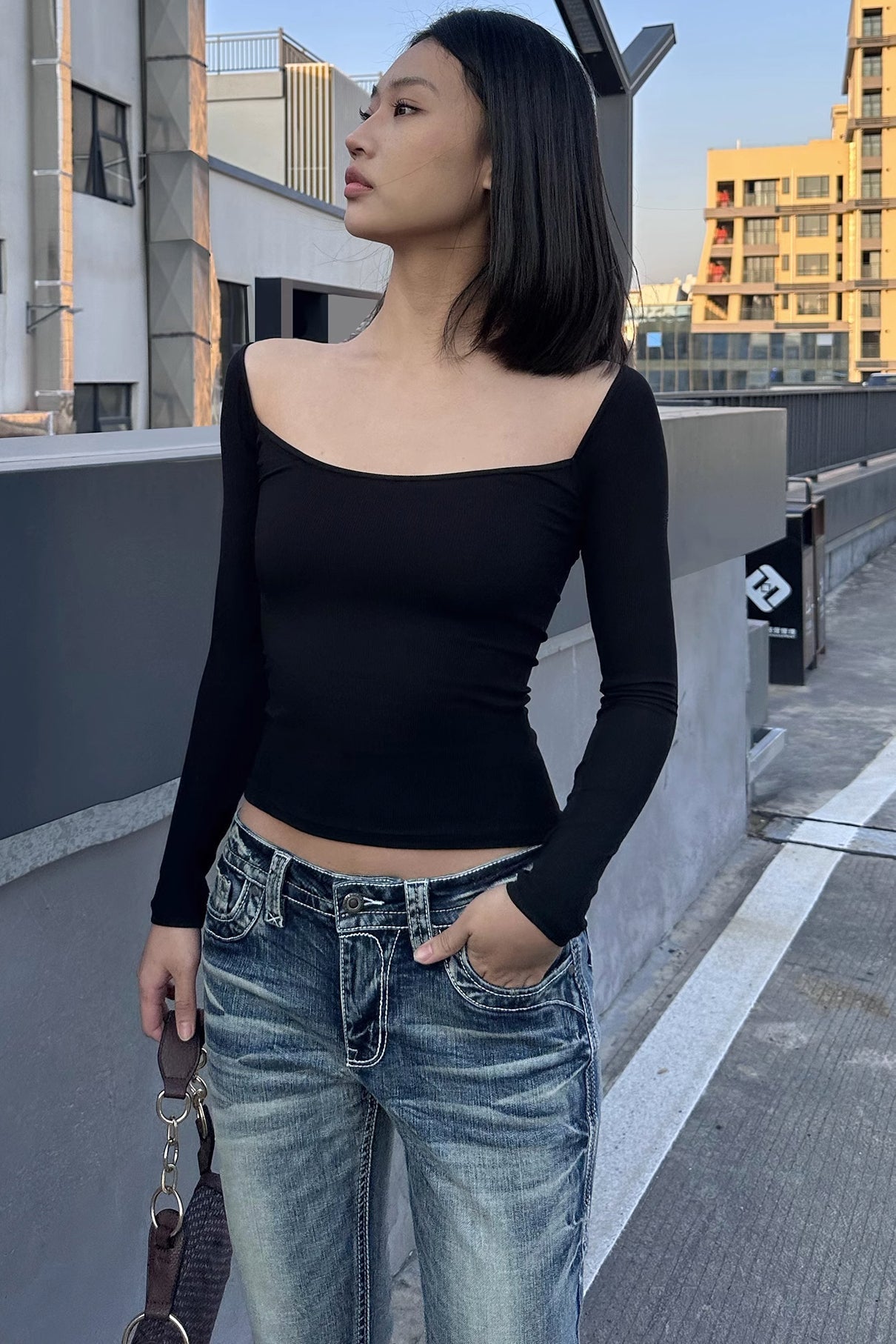 Off Shoulder Long Sleeve Slim Shirts Tops Main image