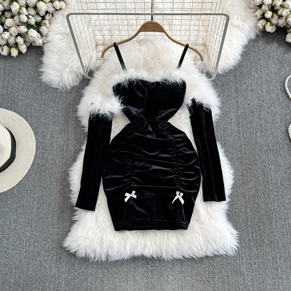 Fashionable Christmas Furry Patchwork Bodycon Dress with Sleeves Main image