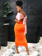 Colorblock Cut Out Off Shoulder Midi Dress