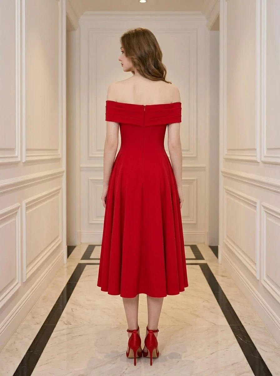 Red Off-the-Shoulder Pleated Midi Cocktail Dress