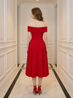 Red Off-the-Shoulder Pleated Midi Cocktail Dress