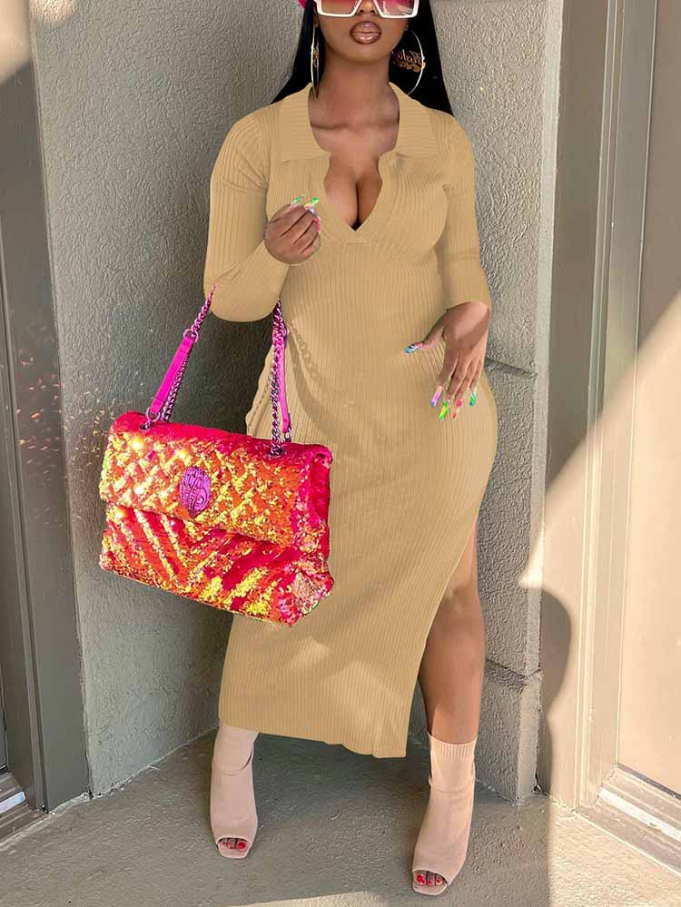 Ribbed Slit Bodycon Midi Dress Main image