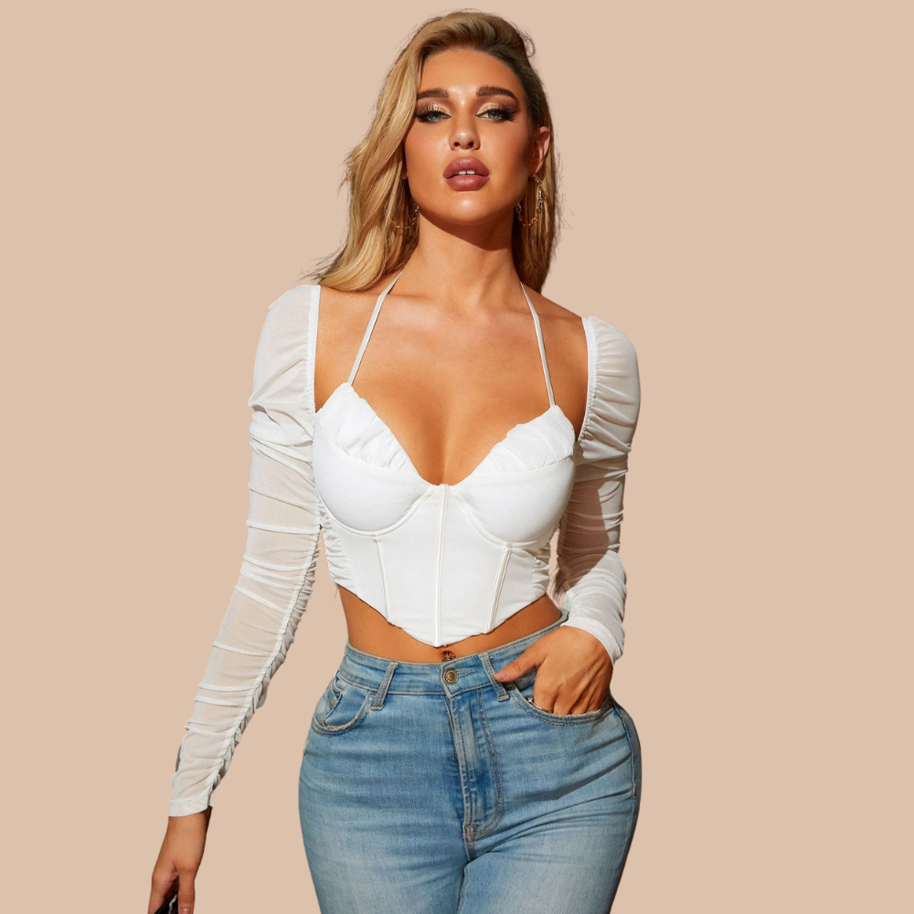 Helen Mesh Halter Long Sleeve Corset Top Main image
