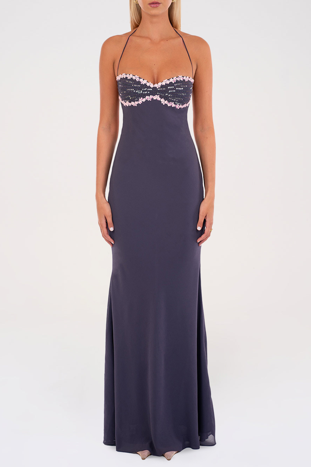 Floral Trim Sequin Beady Solid Color Halter Maxi Dresses - Fuchsia Pre Order Secondary image