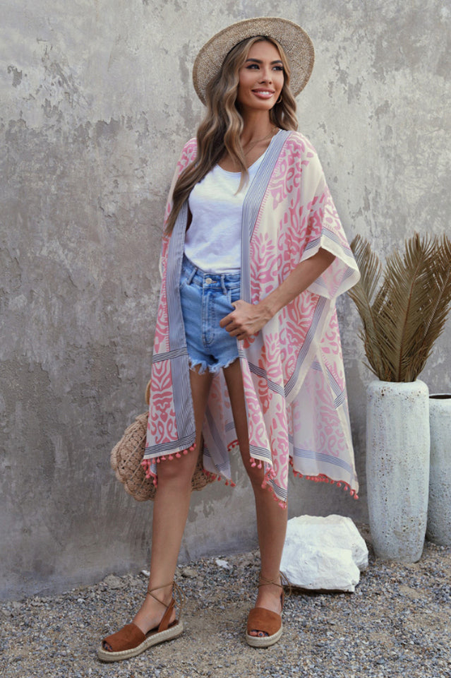 Seaside Resort Cardigan Printed Pompom Kimono Secondary image