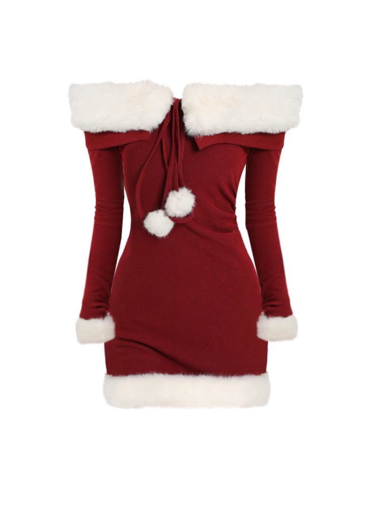 Women's autumn and winter lamb fur collar knitted dress Secondary image