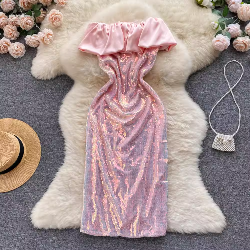 Pink Ruffle Neckline Sequins Dress Main image