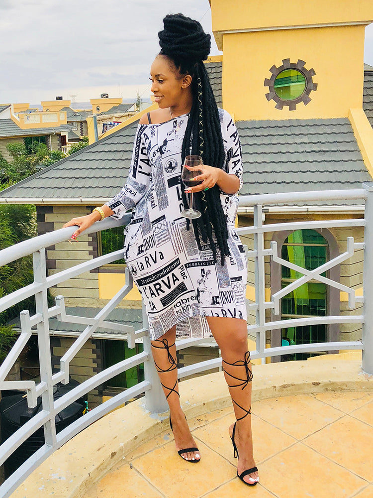 Off Shoulder Newspaper Vintage Midi Dress Main image