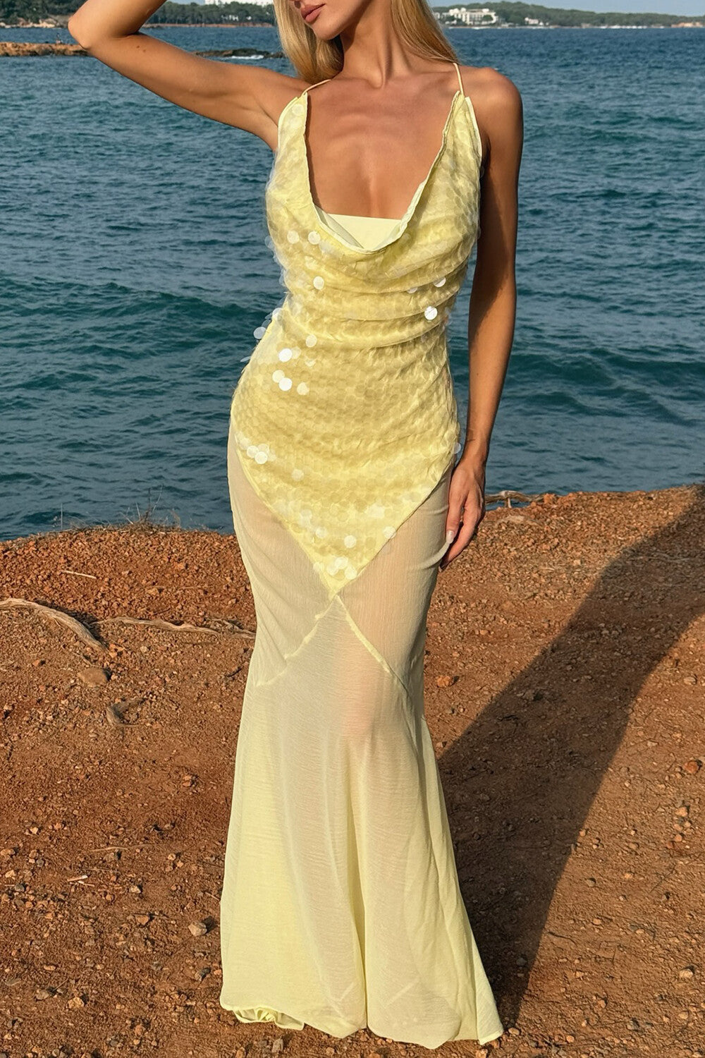 Cowl Neck Sequin Halter Semi Sheer Fishtail Maxi Dresses - Yellow Pre Order Main image