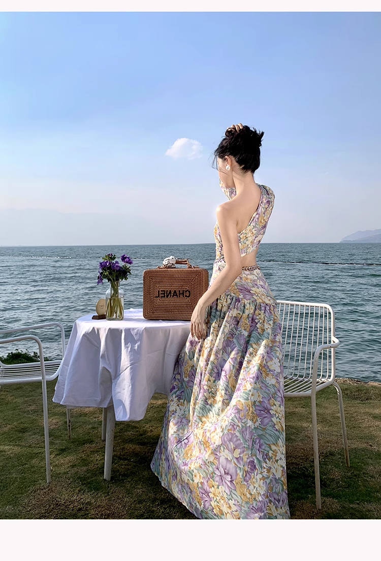 Retro pastoral style skirt with slanted shoulders and pleated slit holiday floral dress Secondary image