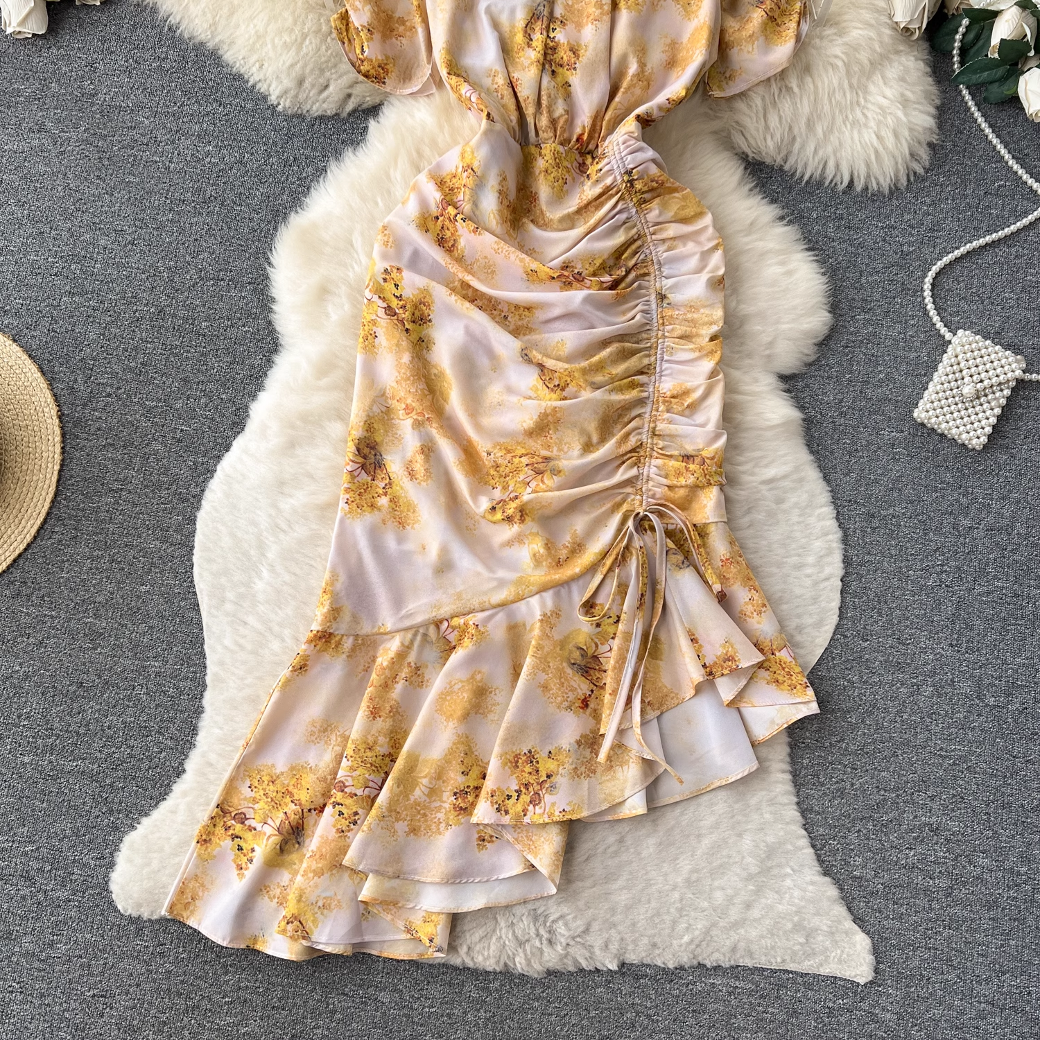 Retro Floral Dress Women Summer Puff Sleeve Drawstring Design Secondary image