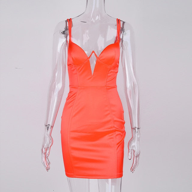 Satin Mini Dress Women Padded Bra Double Straps Plunging Neckline Cut Out Sexy Dress Orange Party Bodycon Dresses