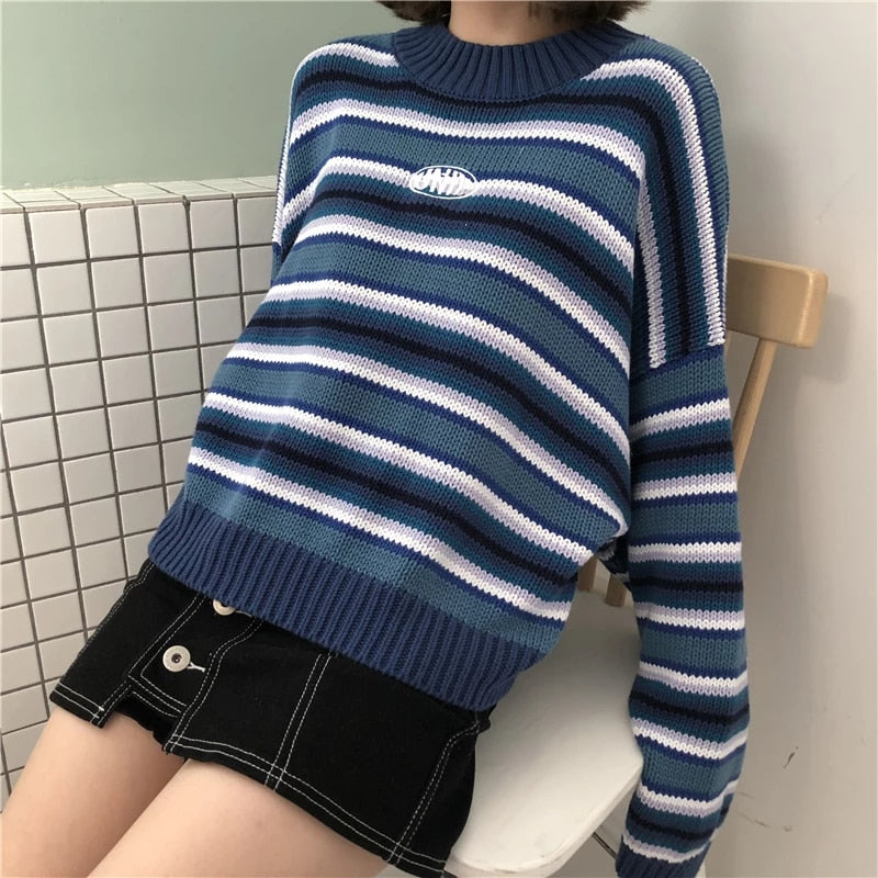 White Striped Mock Neck Cropped Pullovers Sweaters Secondary image