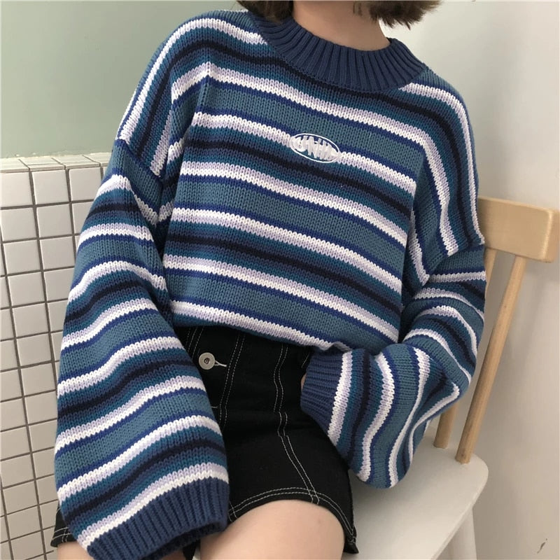 White Striped Mock Neck Cropped Pullovers Sweaters Main image