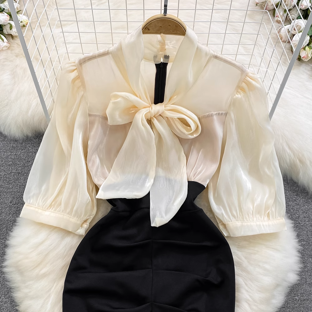 Bubble Short Sleeve Bowknot Tie Waist Slit Bodycon Dress Secondary image