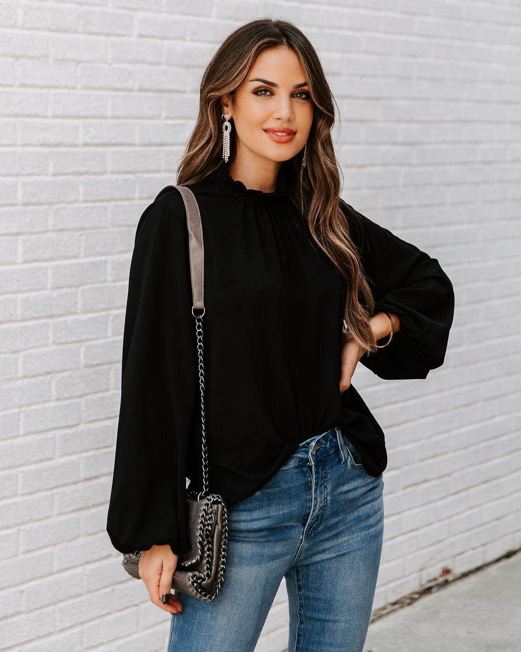 Zea Ruffle Mock Neck Blouse - Black Main image