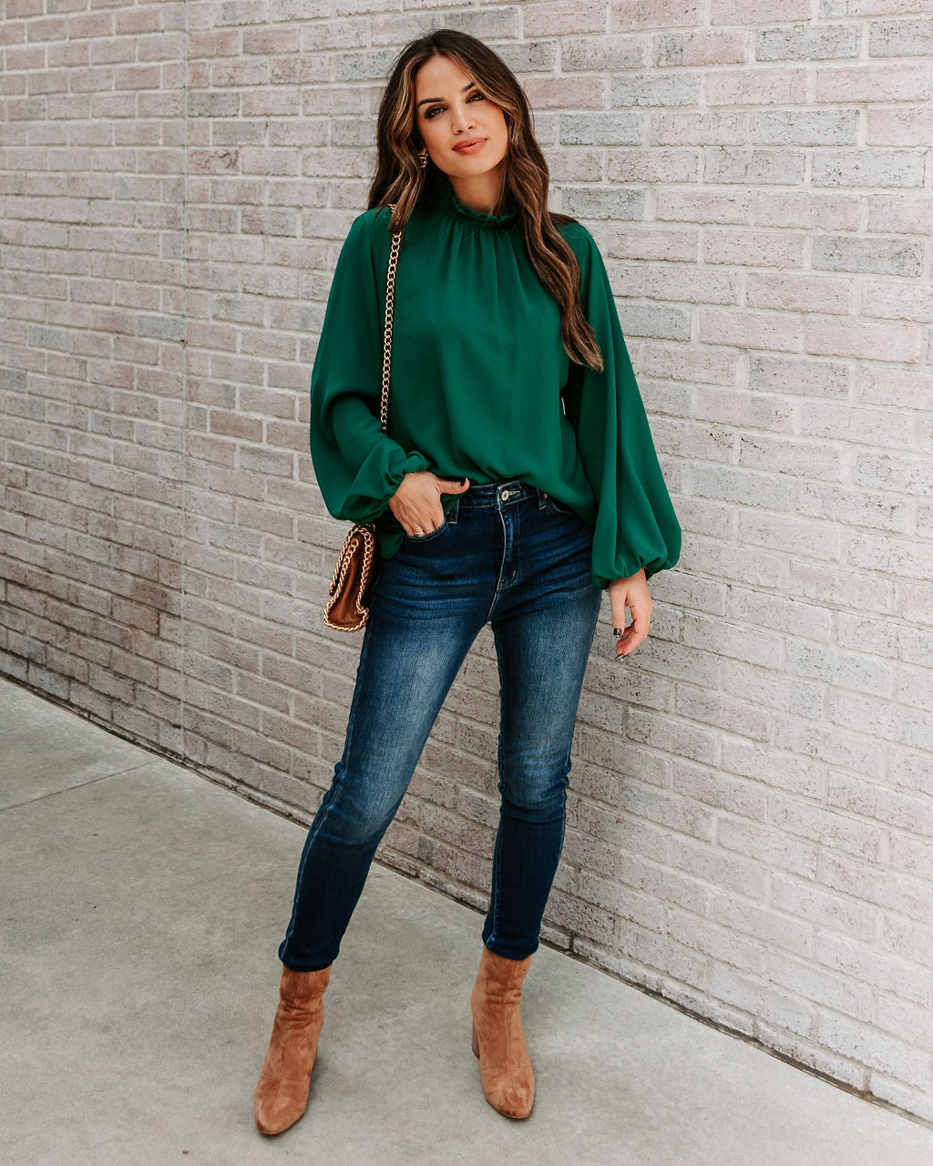 Zea Ruffle Mock Neck Blouse - Hunter Green Main image