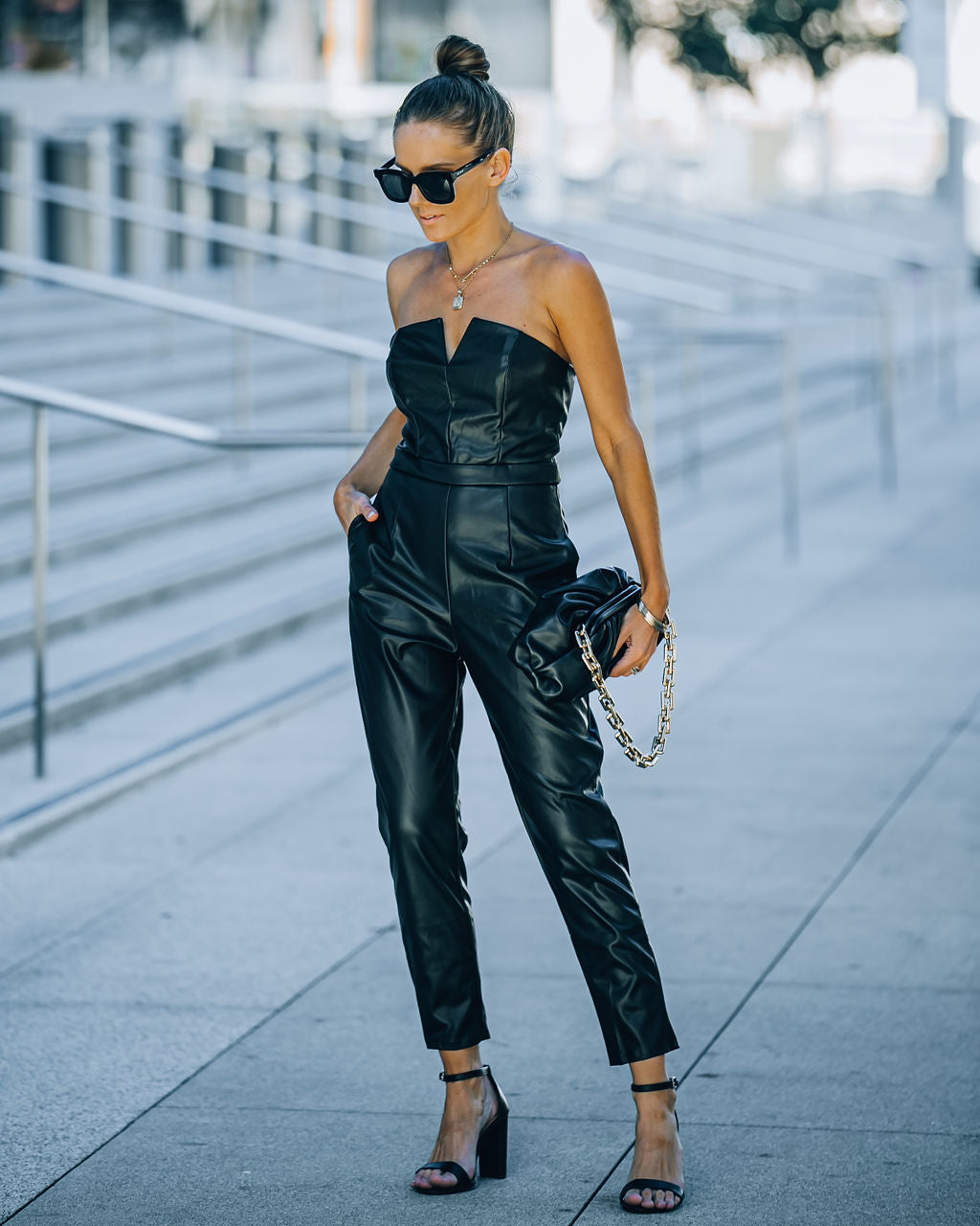 Vivienne Pocketed Strapless Faux Leather Jumpsuit - Black Main image