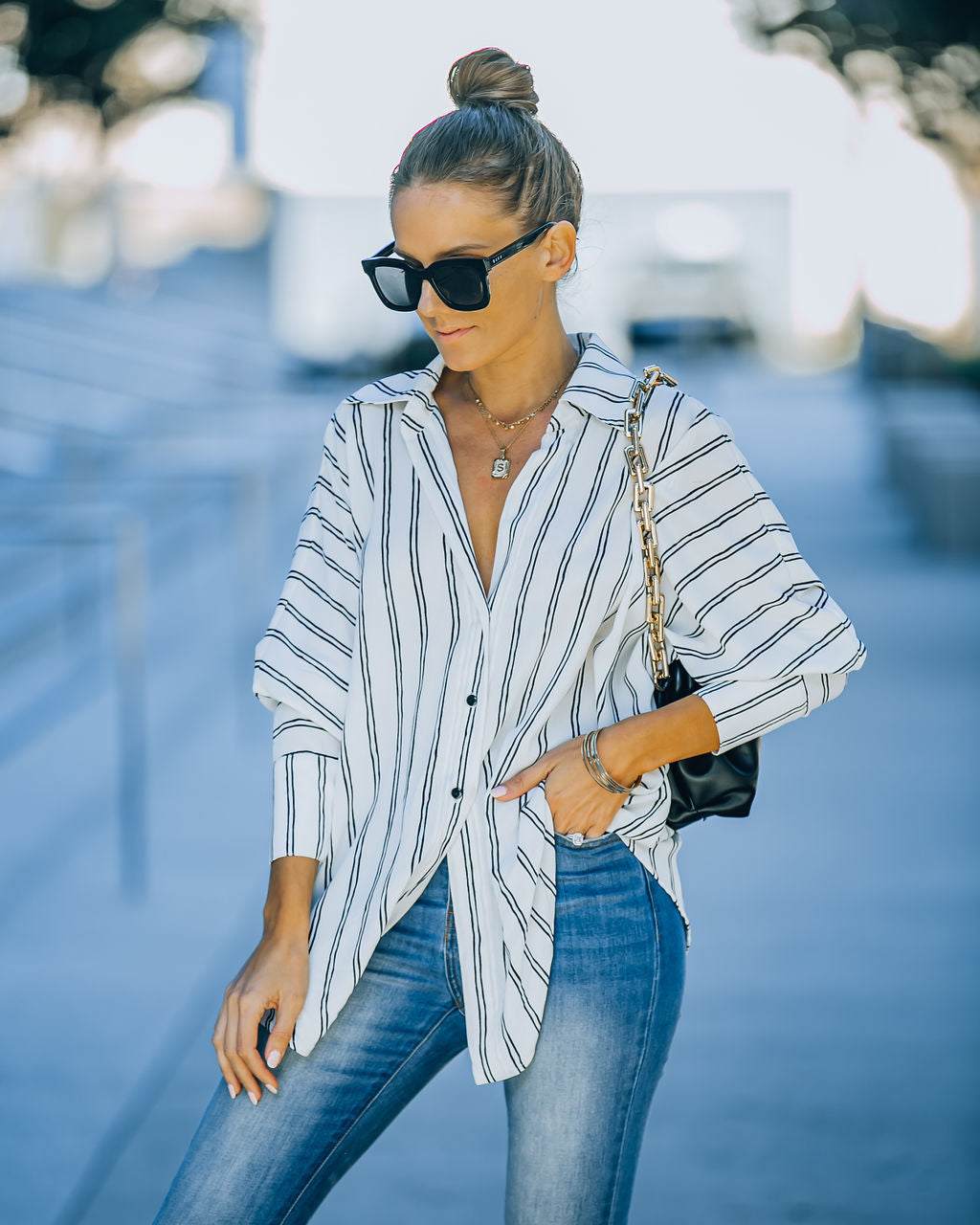 Xara Striped Button Down Blouse - White Main image