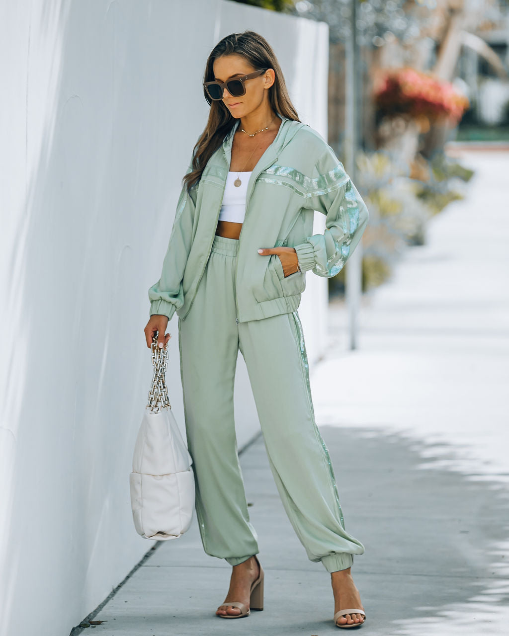 Studio Play Pocketed Satin Sequin Zip Up Hoodie Main image