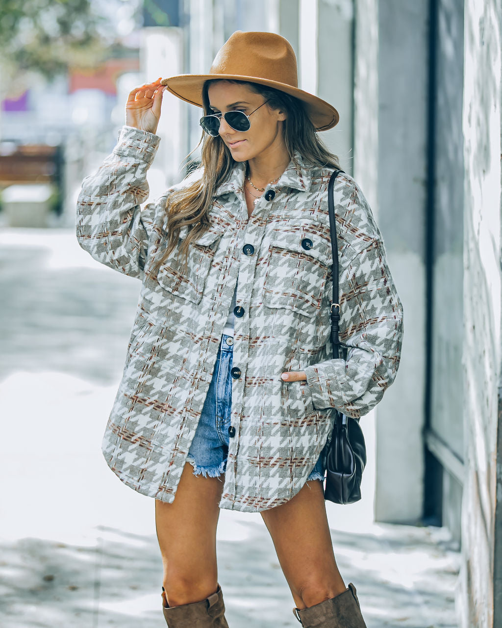 Yanni Pocketed Houndstooth Shacket - Taupe Main image