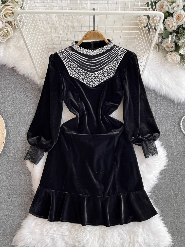 Long-sleeve stand-collar beaded panel ruffled velvet dress Main image