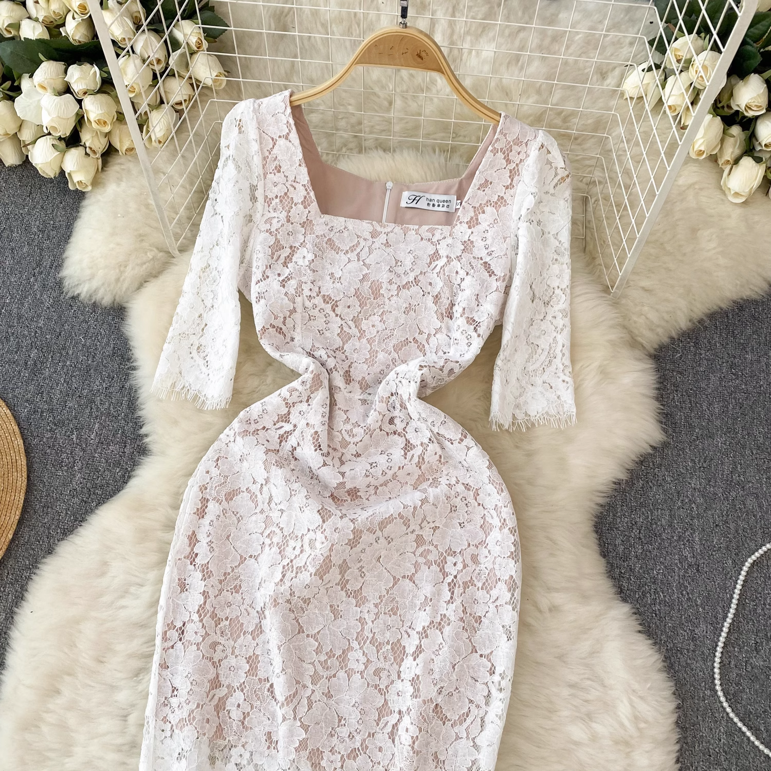 Retro elegant square neck five-quarter sleeves lace dress Secondary image