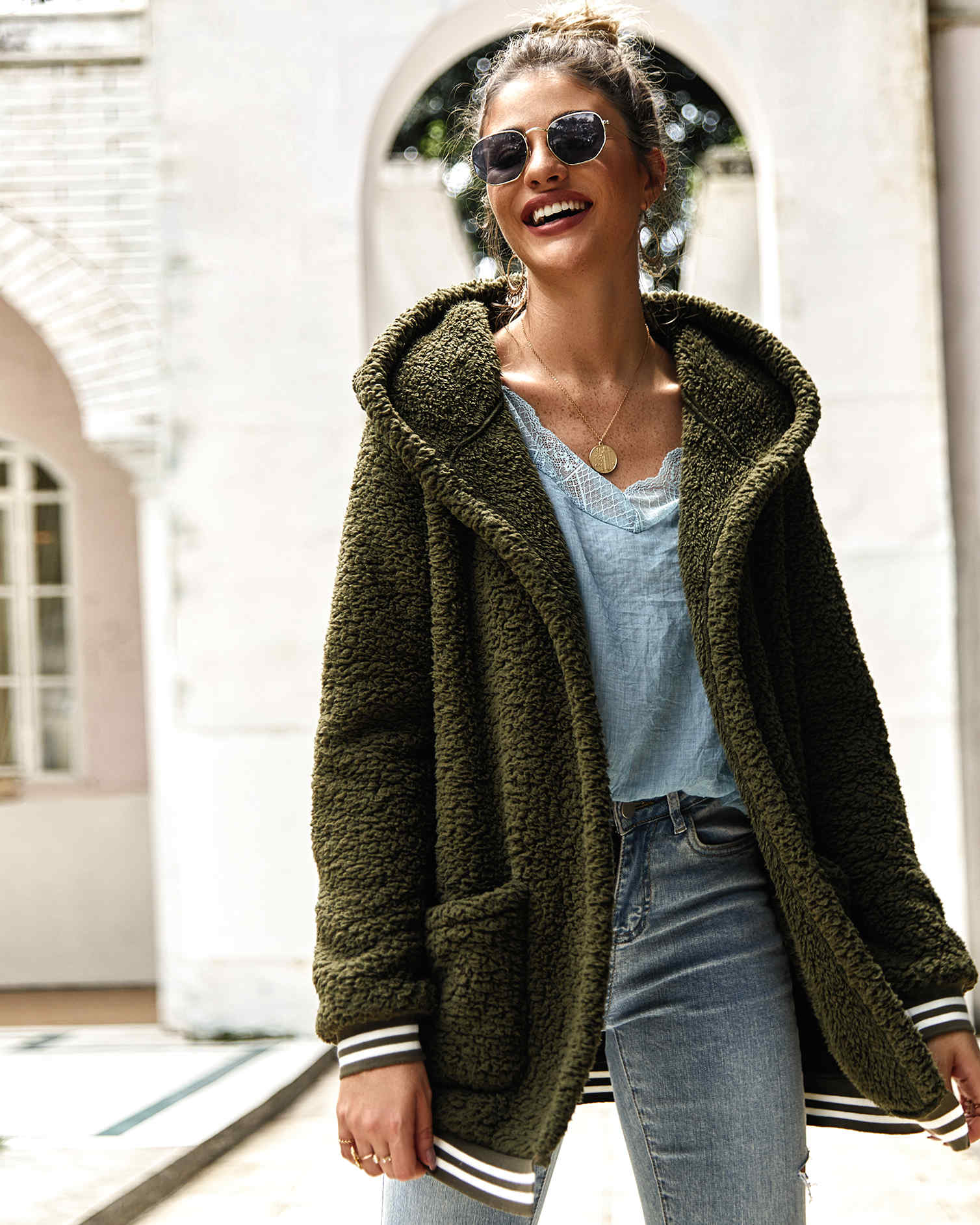 Turn Down Collar Hooded Fluffy Outwear Coats Secondary image