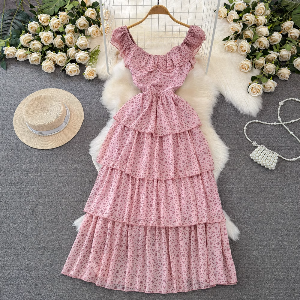 Square neck ruffled A-line floral dress for seaside vacation Main image