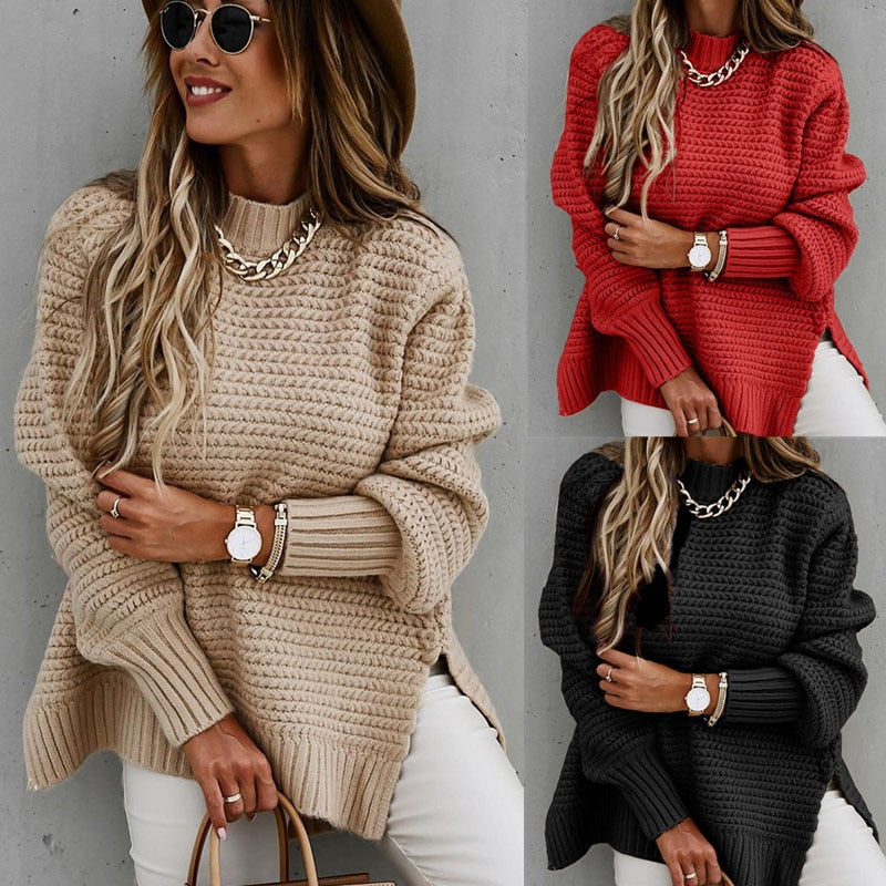 Autumn Winter Mock Neck Batwing Sleeve Knitted Sweater Main image