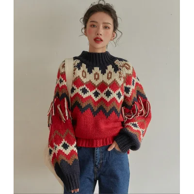 Vintage Red Jacquard Knit Sweater: Long Sleeve, Warm for Autumn/Winter Main image