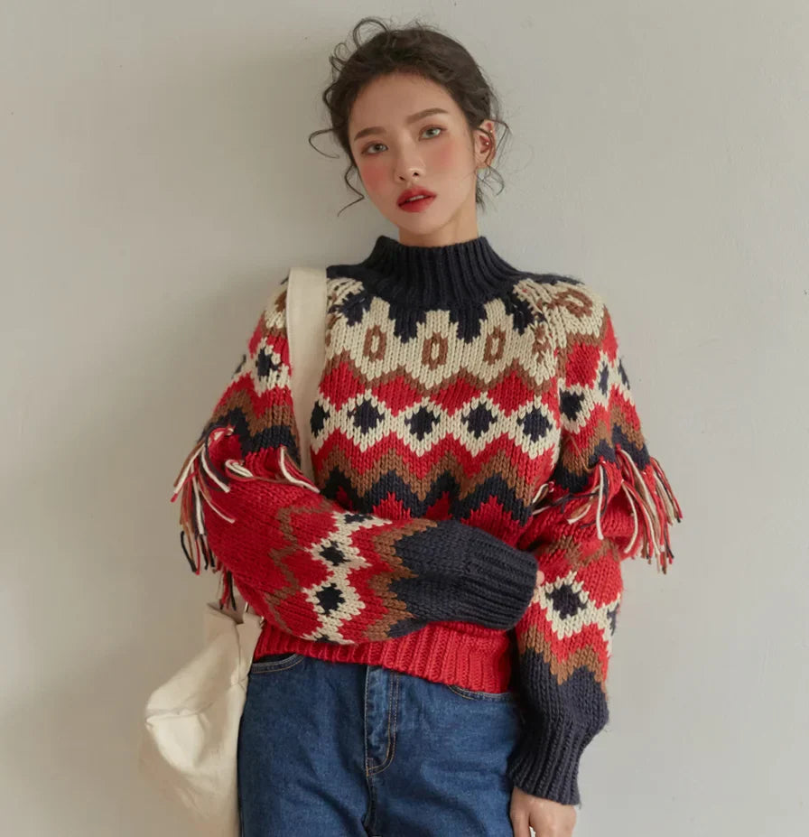 Vintage Red Jacquard Knit Sweater: Long Sleeve, Warm for Autumn/Winter Secondary image